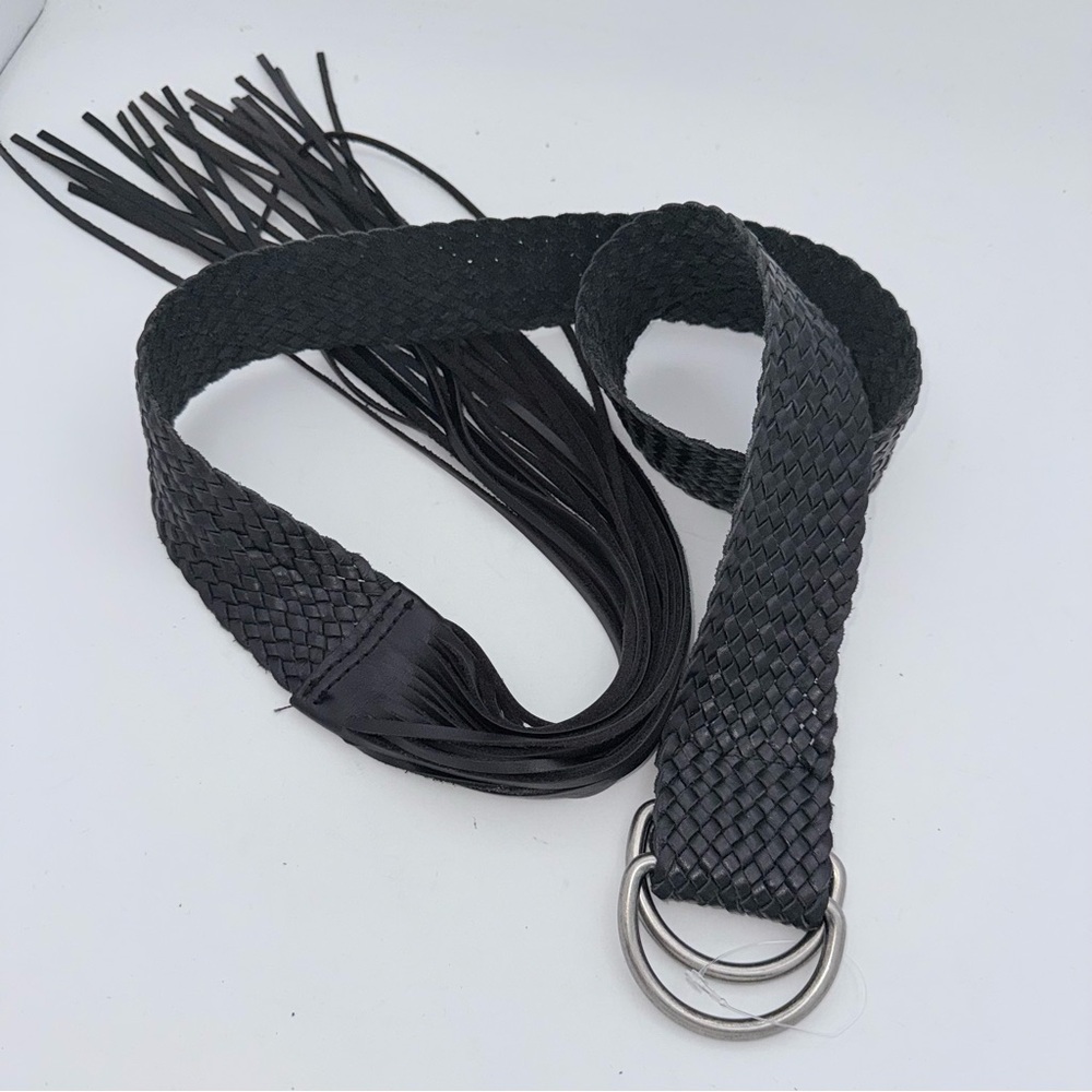 Vintage women’s long fringe tassel genuine leather black wide braided long belt - Picture 2 of 7